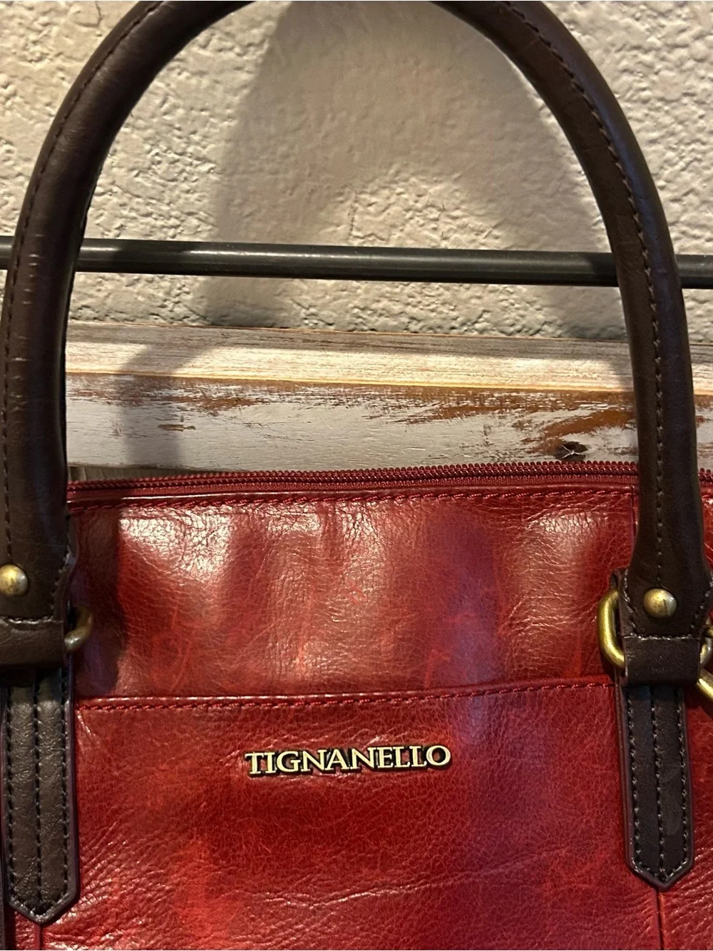 Tignanello Bleecker Street Accordion Satchel Rouge Brown Leather Crossbody Bag